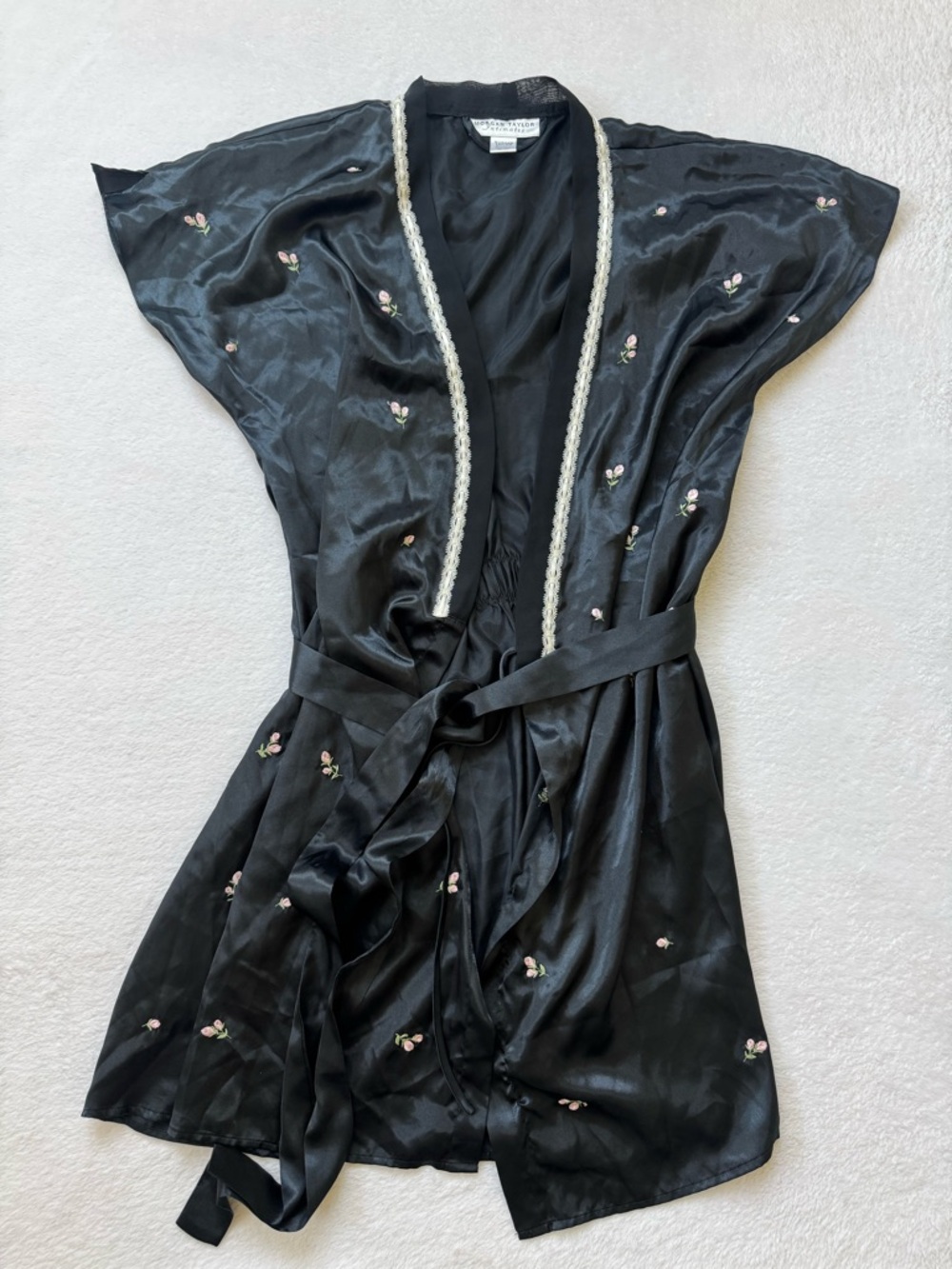 Morgan Taylor Black Satin Robe with Pink Floral Embroidery